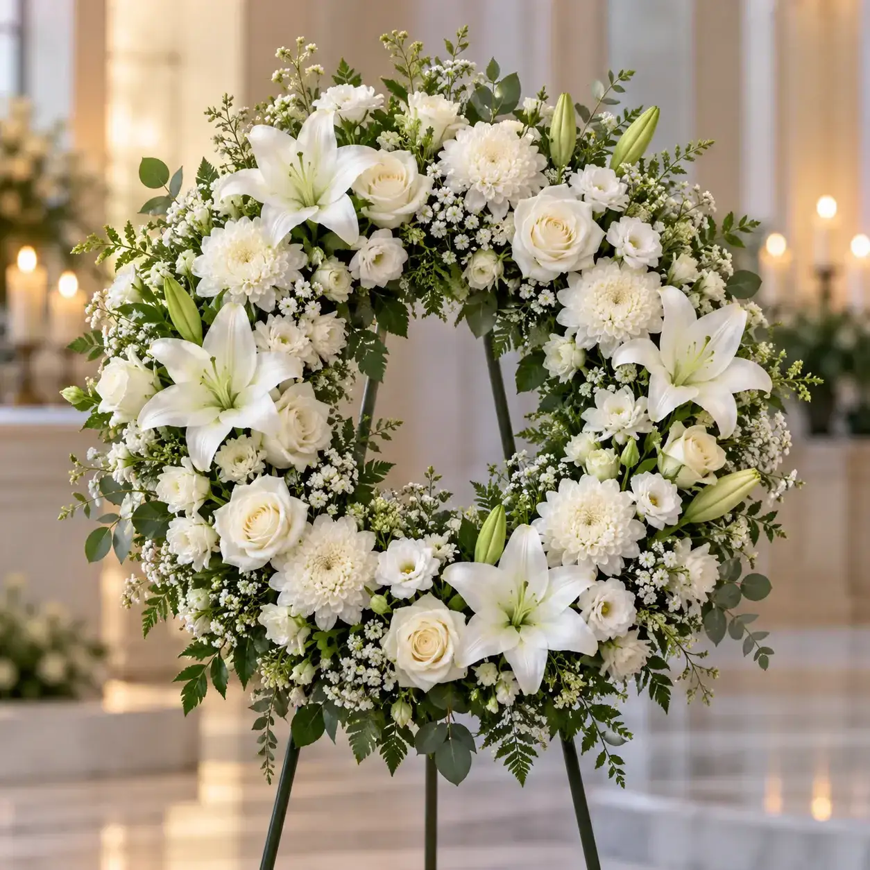 Coroa floral branca para uma homenagem fúnebre